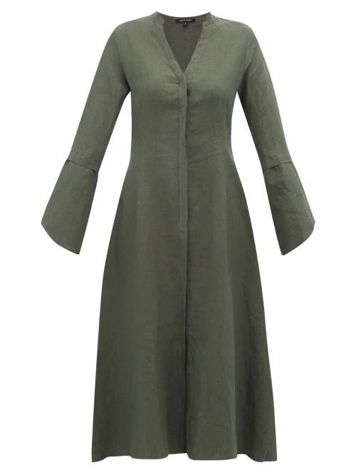 White Story - Fiona V-neck Linen Midi Dress - Womens - Dark Green