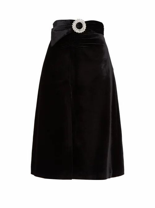 Miu Miu - Crystal-buckle Front-slit Velvet Skirt - Womens - Black
