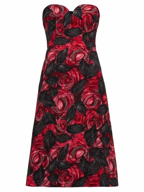 Prada - Sweetheart-neckline Rose-print Cady Dress - Womens - Red Multi