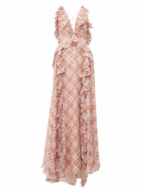 Jonathan Simkhai - Ruffled Tile-print Silk-blend Gown - Womens - Beige Multi