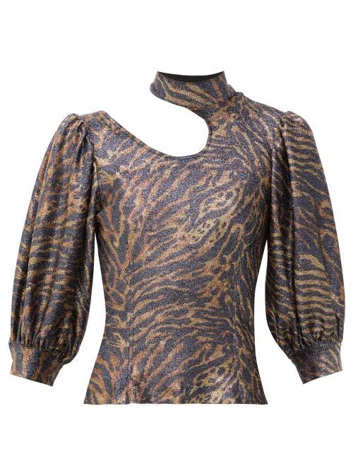 Ganni - Tiger-print Puff-sleeve Lurex-knit Top - Womens - Animal
