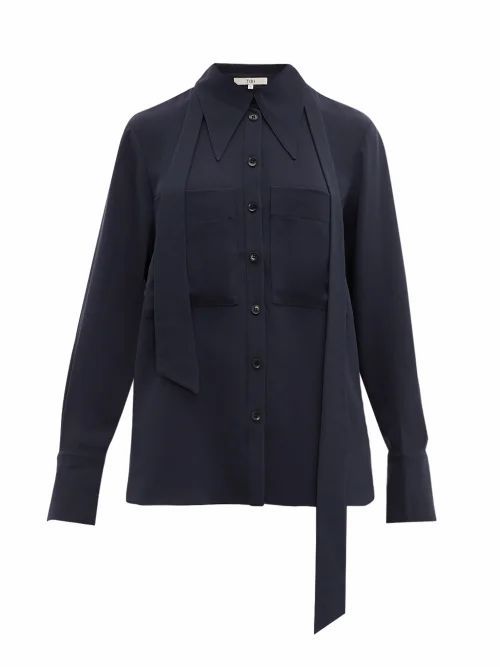 Tibi - Exaggerated-collar Neck-tie Blouse - Womens - Navy