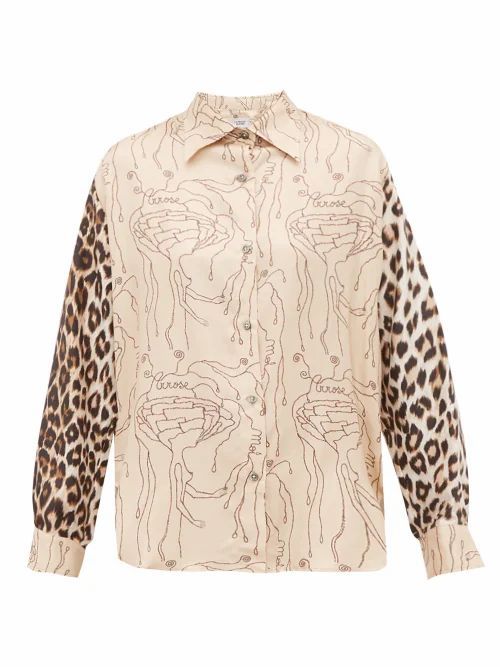 La Prestic Ouiston - Varenne Abstract & Leopard-print Silk-twill Shirt - Womens - Beige Multi