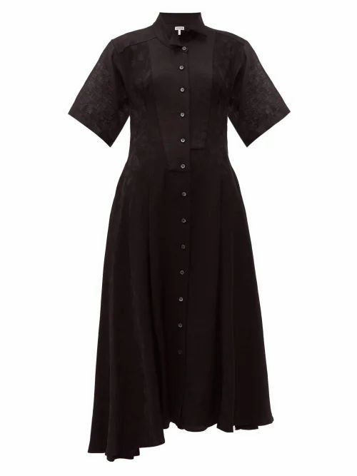 Loewe - Feather-jacquard Asymmetric Satin Midi Dress - Womens - Black