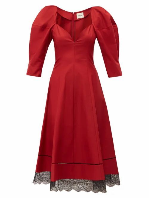 Dina Puff-sleeve Cotton Midi Dress - Womens - Dark Red