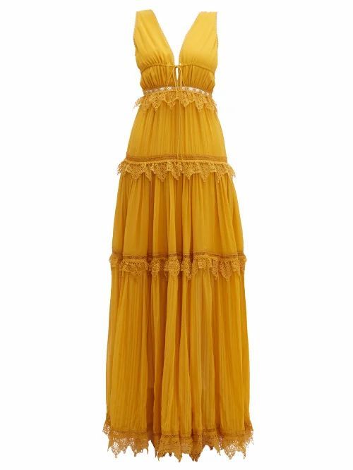 Jonathan Simkhai - Lace-trimmed Tiered Silk Maxi Dress - Womens - Dark Yellow