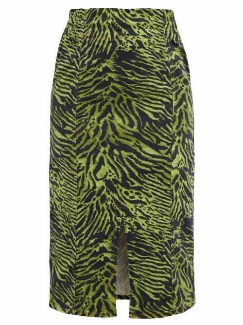 Ganni - Tiger-print Stretch Cotton-blend Skirt - Womens - Green