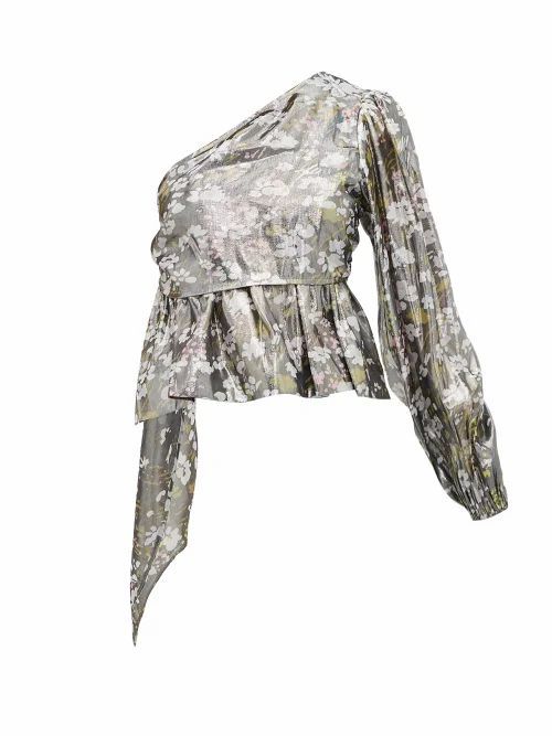 Ganni - Metallic Floral-print One-shoulder Blouse - Womens - Silver