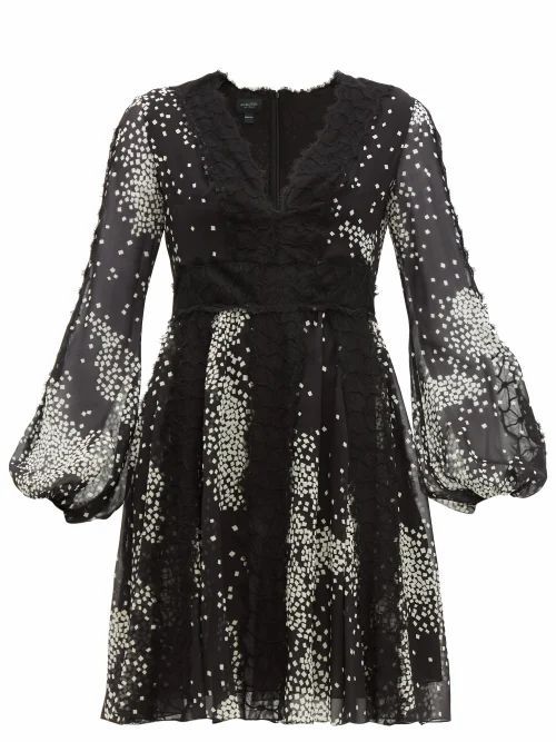 Giambattista Valli - Square-print Lace-trim Silk-georgette Dress - Womens - Black White
