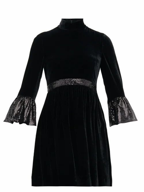 Miu Miu - Sequinned-cuff Velvet Mini Dress - Womens - Black
