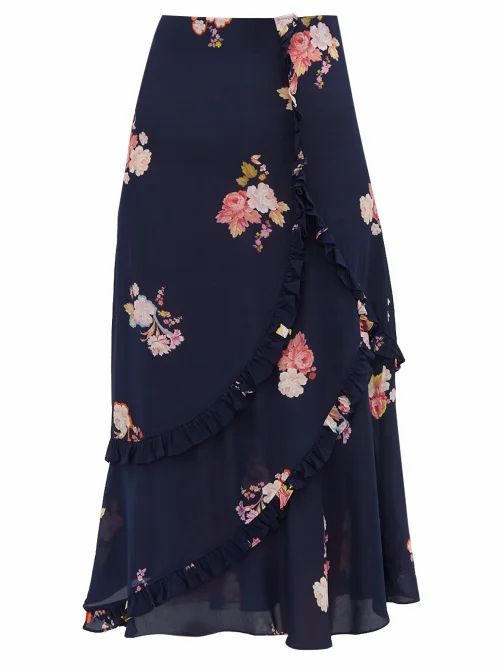Preen Line - Nevah Floral-print Ruffled Midi Skirt - Womens - Navy Multi