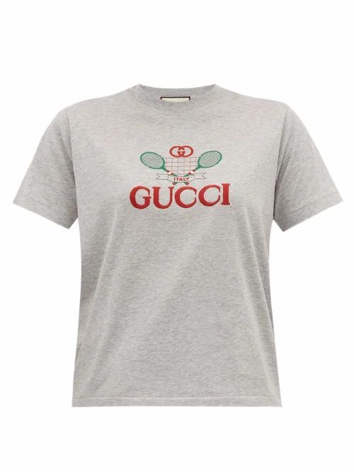 Gucci - Tennis Logo-embroidered Cotton-jersey T-shirt - Womens - Grey Multi