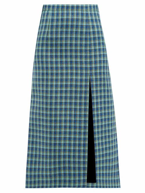 Balenciaga - Side-slit Checked Wool Midi Skirt - Womens - Blue Multi
