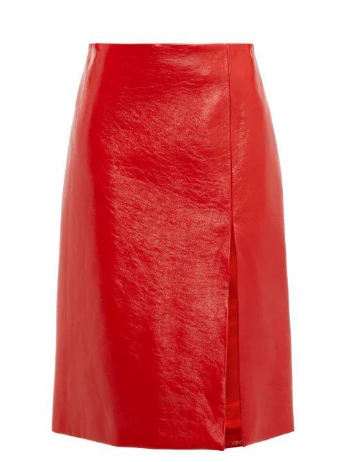 Balenciaga - Front-slit Cracked Patent-leather Skirt - Womens - Red