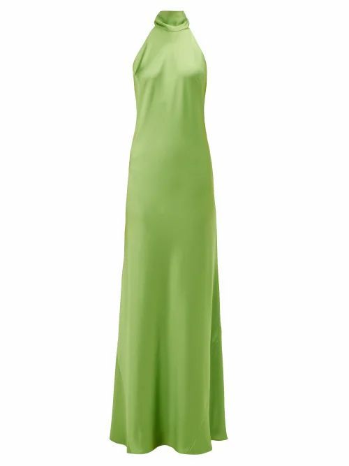 Galvan - Sienna Halterneck Satin Maxi Dress - Womens - Green