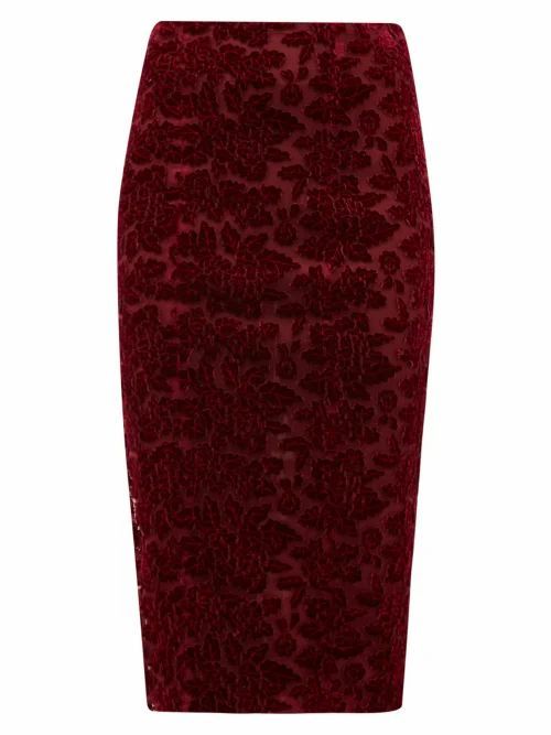 Galvan - High-rise Rose-appliqué Velvet Pencil Skirt - Womens - Burgundy