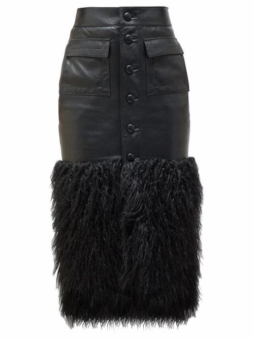 Saint Laurent - Faux-fur Trim Leather Skirt - Womens - Black