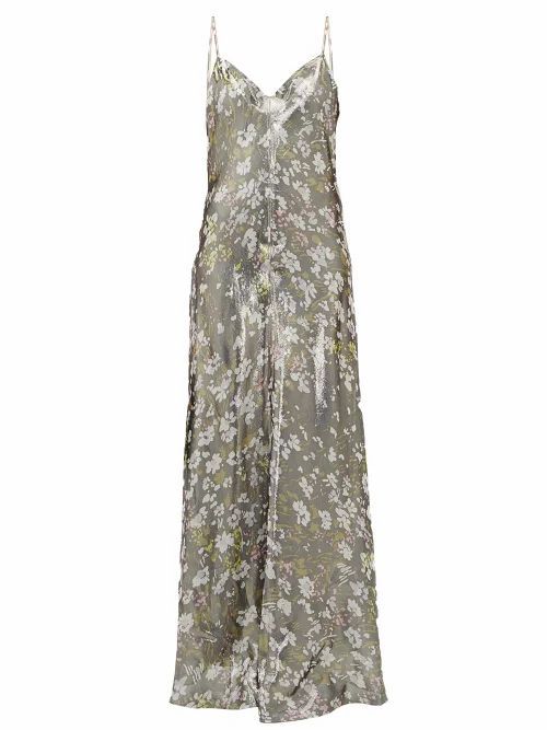 Ganni - Metallic Floral-print Slip Dress - Womens - Silver