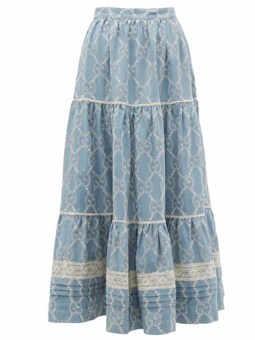 Gucci - Tiered Gg Broderie-anglaise Cotton Skirt - Womens - Blue White