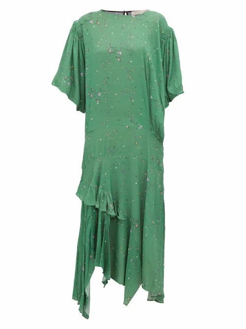 Preen Line - Camilla Asymmetric Ditsy-print Crepe Midi Dress - Womens - Green Multi