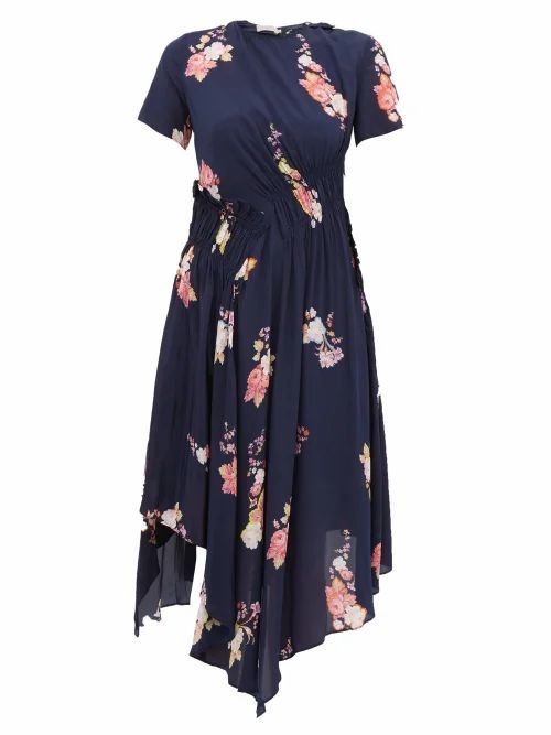 Preen Line - Verna Floral-print Crepe De Chine Midi Dress - Womens - Navy Multi
