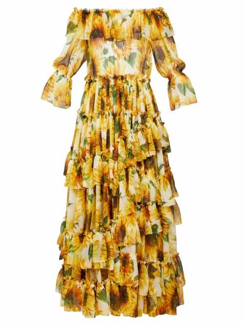 Dolce & Gabbana - Sunflower-print Ruffle-tiered Silk-chiffon Gown - Womens - Yellow Multi
