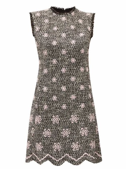 Embroidered-flower Bouclé-tweed Shift Dress - Womens - Black Pink