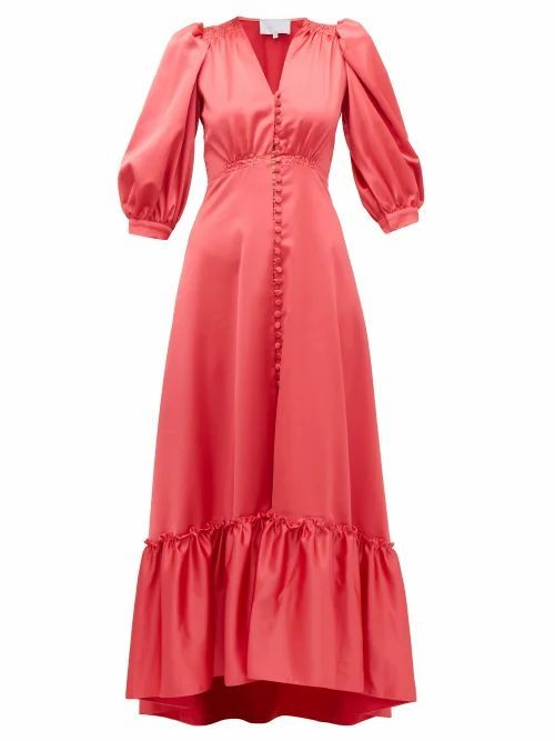 Luisa Beccaria - V-neck Puff-sleeved Gathered Satin Dress - Womens - Dark Pink