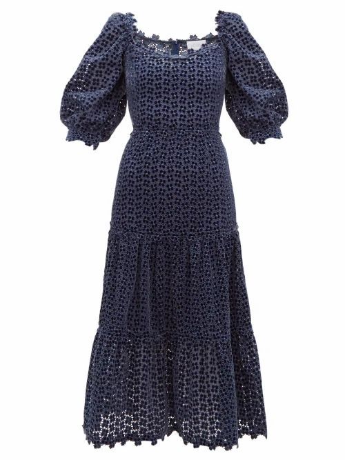 Luisa Beccaria - Embroidered Broderie-anglaise Velvet Dress - Womens - Navy