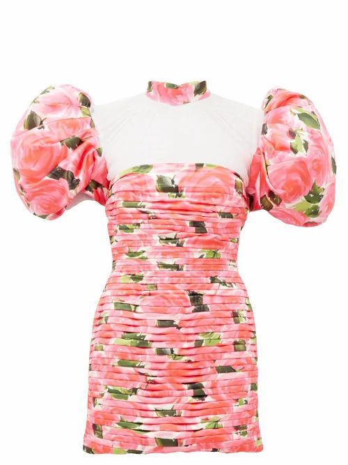Richard Quinn - Puff-sleeve Rose-print Pleated Satin Dress - Womens - Pink