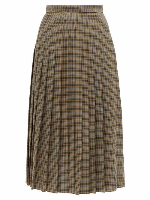 Rochas - Checked Pleated Wool-blend Midi Skirt - Womens - Brown Multi