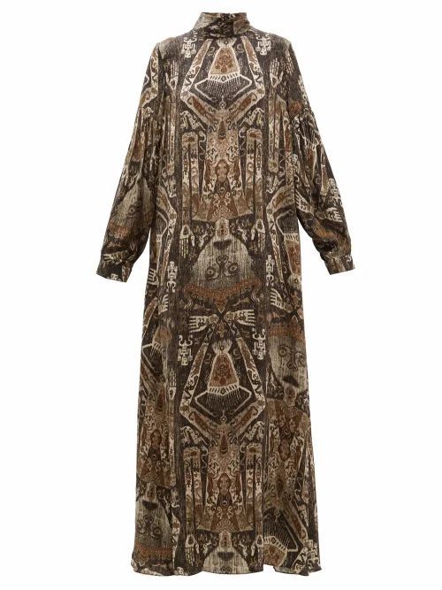 Edward Crutchley - Raja-print Long-sleeved Silk Maxi Dress - Womens - Brown Multi