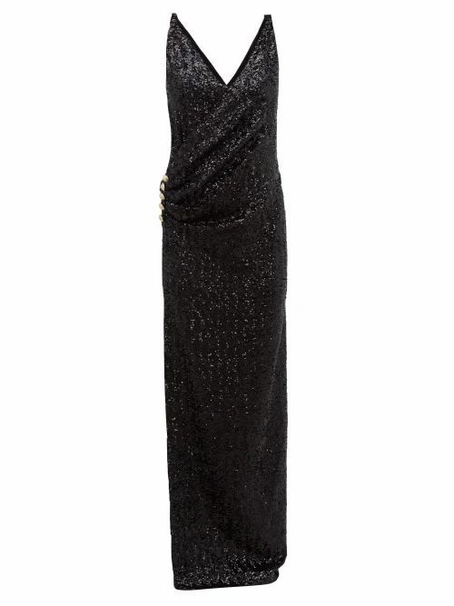 Balmain - Sequinned Wrap-effect Gown - Womens - Black