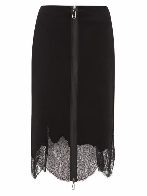 Fendi - Zip-up Lace-trim Wool Pencil Skirt - Womens - Black