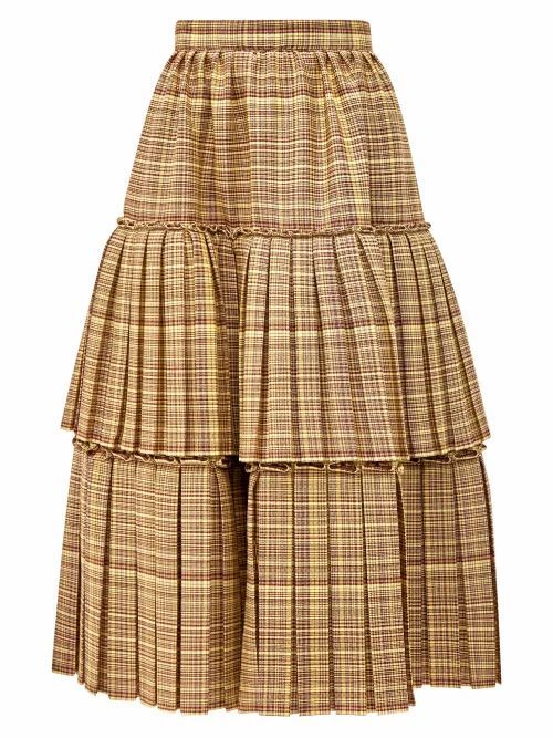 Gucci - Tiered Checked Wool-blend Midi Skirt - Womens - Brown Multi