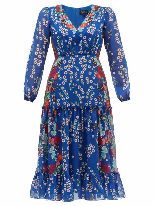 Saloni - Devon Floral-print Silk Crepe De Chine Dress - Womens - Blue Multi