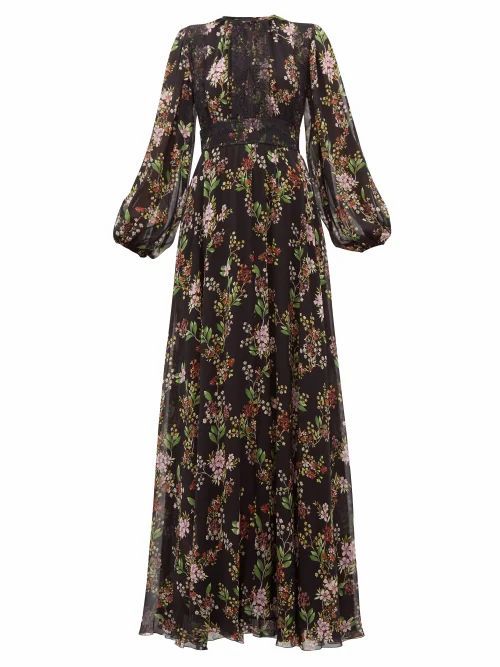 Giambattista Valli - Lace-panelled Floral-print Silk-georgette Dress - Womens - Black Multi