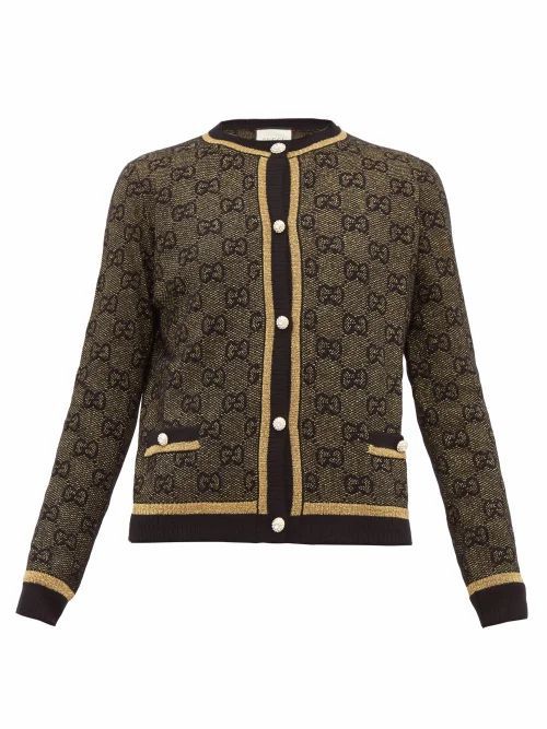 Gucci - Lamé Gg-jacquard Wool-blend Cardigan - Womens - Black Gold