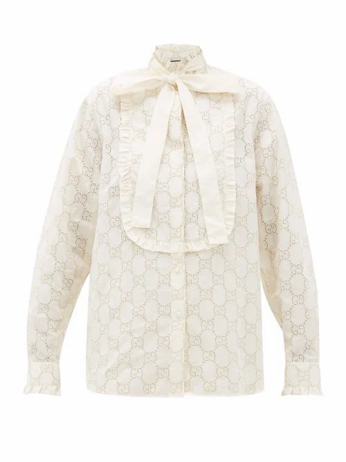 Gucci - GG Broderie-anglaise Cotton-blend Shirt - Womens - White Gold