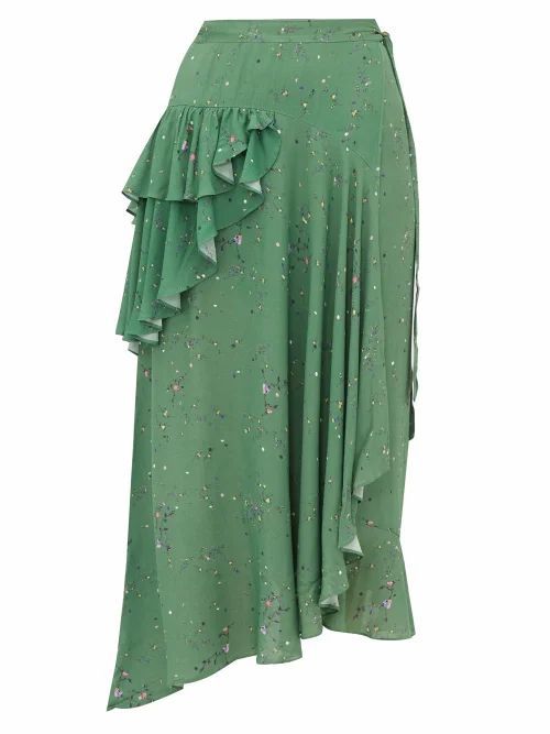 Electra Ruffled Floral-print Crepe Wrap Skirt - Womens - Green Multi