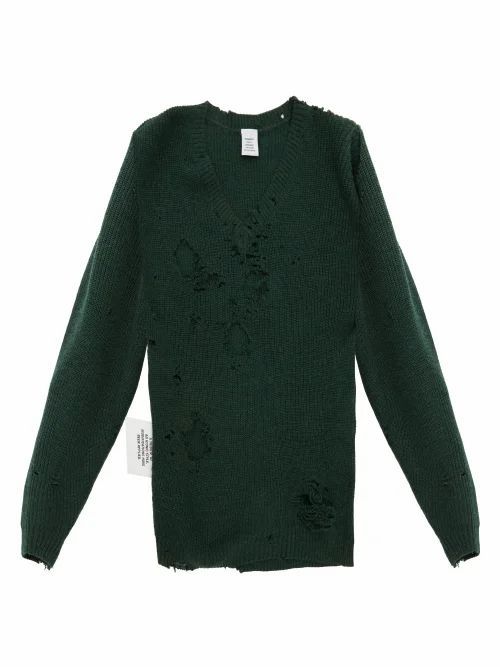 Vetements - Distressed V-neck Wool Sweater - Womens - Green