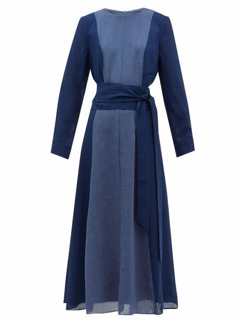 Cefinn - Panelled Belted Voile Midi Dress - Womens - Blue Multi