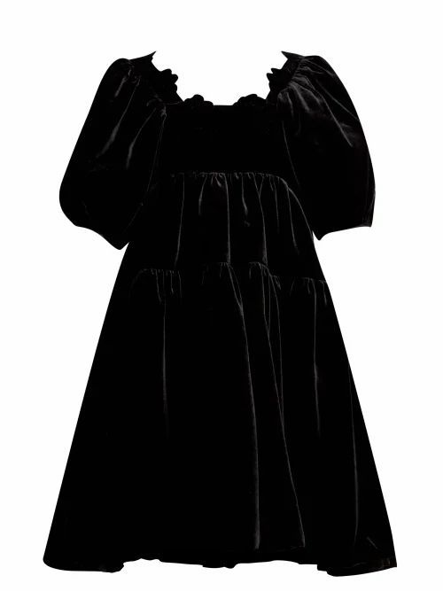 Cecilie Bahnsen - Aviaja Puff-sleeve Tiered Velvet Dress - Womens - Black