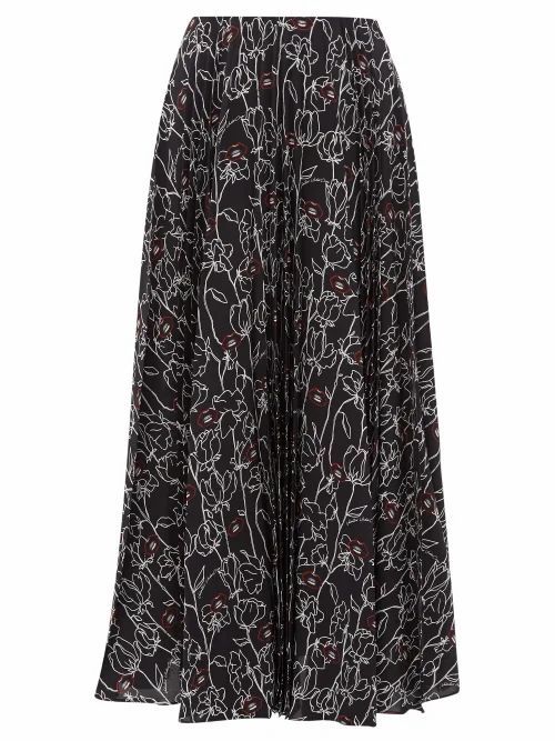 Valentino - Pleated Floral-print Silk-crepe Midi Skirt - Womens - Black Multi