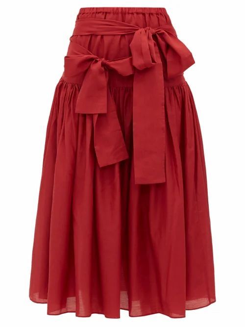Sara Lanzi - Waist-tie Cotton-blend Poplin Midi Skirt - Womens - Red