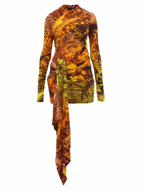 Animal-print Draped Stretch-jersey Mini Dress - Womens - Orange Multi