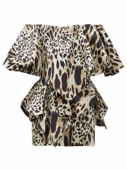 Alexandre Vauthier - Off-the-shoulder Lynx-print Silk Mini Dress - Womens - Leopard