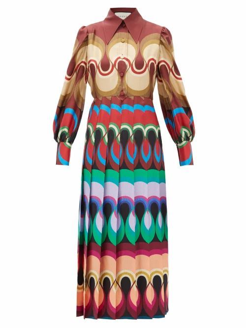 Gucci - Pleated Wave-print Silk-satin Dress - Womens - Burgundy Multi