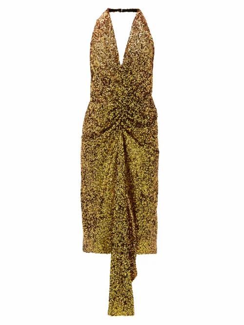 Gathered Sequinned Dress - Womens - Gold