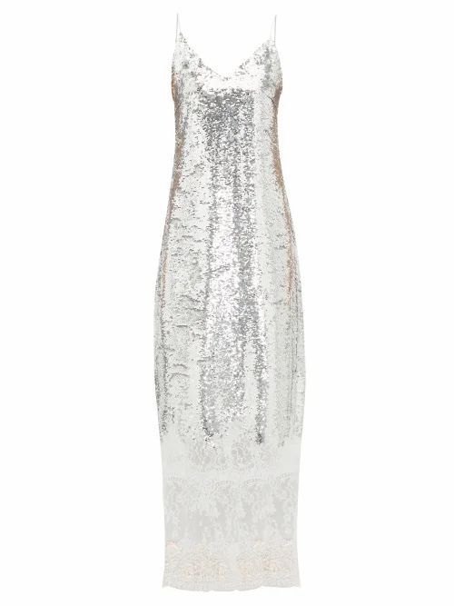 Erdem - Arden Lace-trim Sequinned Slip Dress - Womens - Silver